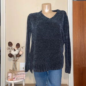 Orvis womens sweater Medium 8 10 chenille vneck basic long sleeve soft blue grey